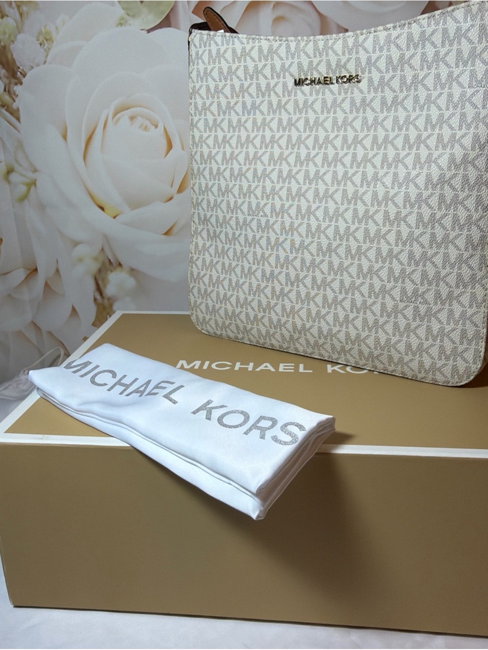 New Michael Kors Beige Signature MK Monogram Crossbody Bag with box and dust ba